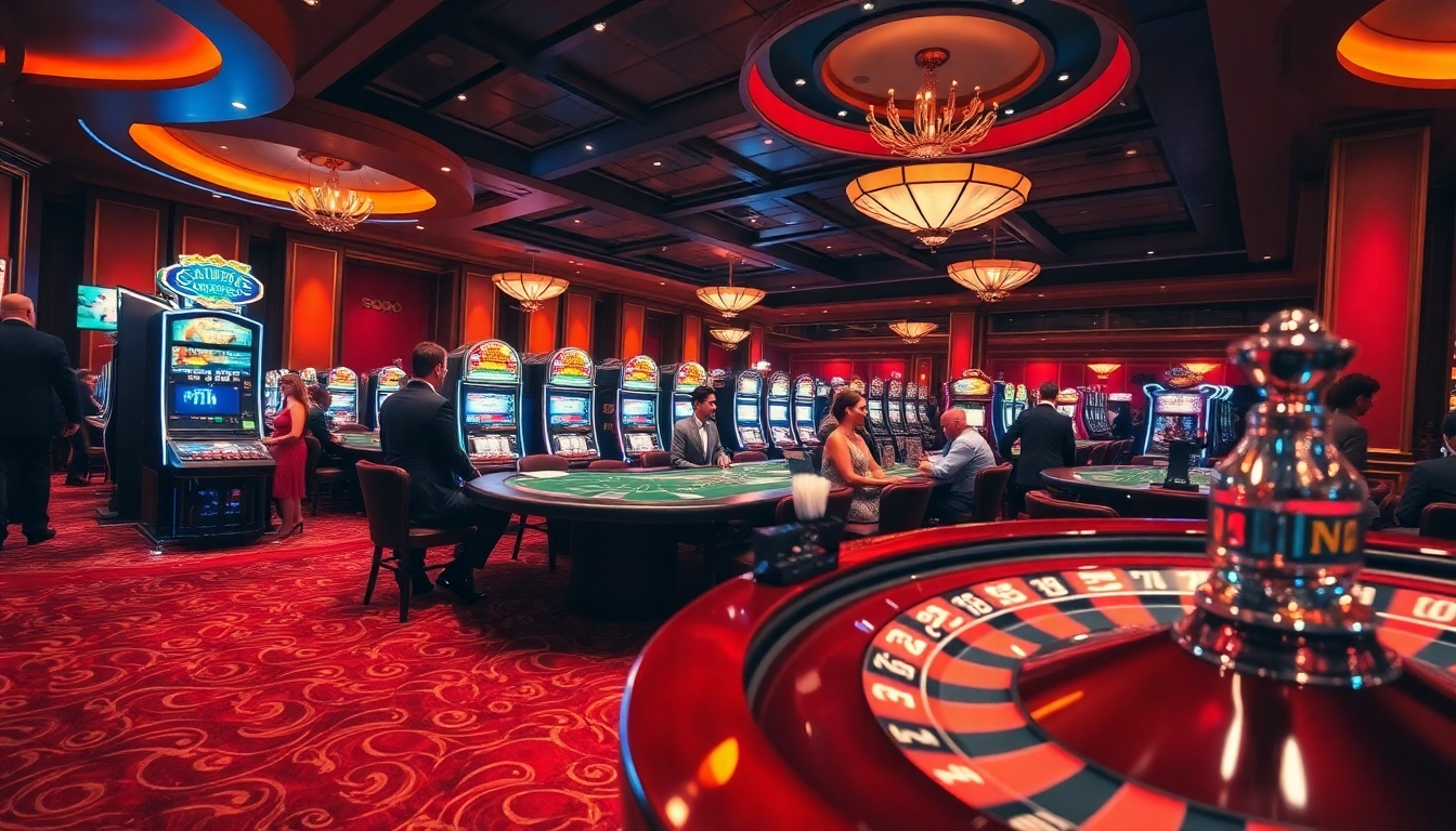 SODO CASINO players engaging in a thrilling poker game with vibrant slot machines in the background.