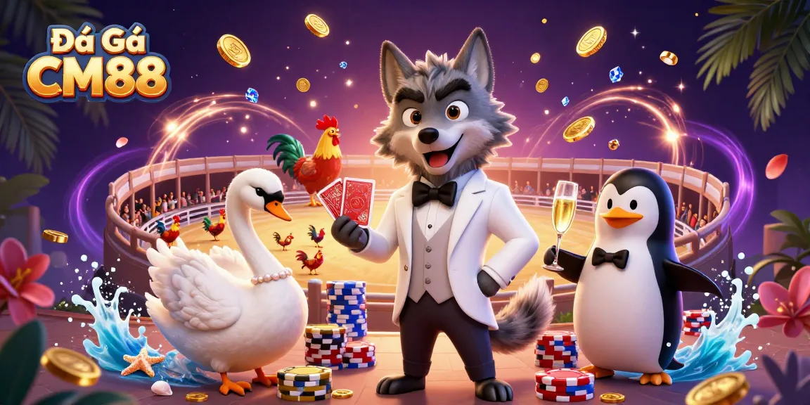 Engage in thrilling Đá Gà CM88 cockfighting with a lively 3D illustration, showcasing dynamic characters.