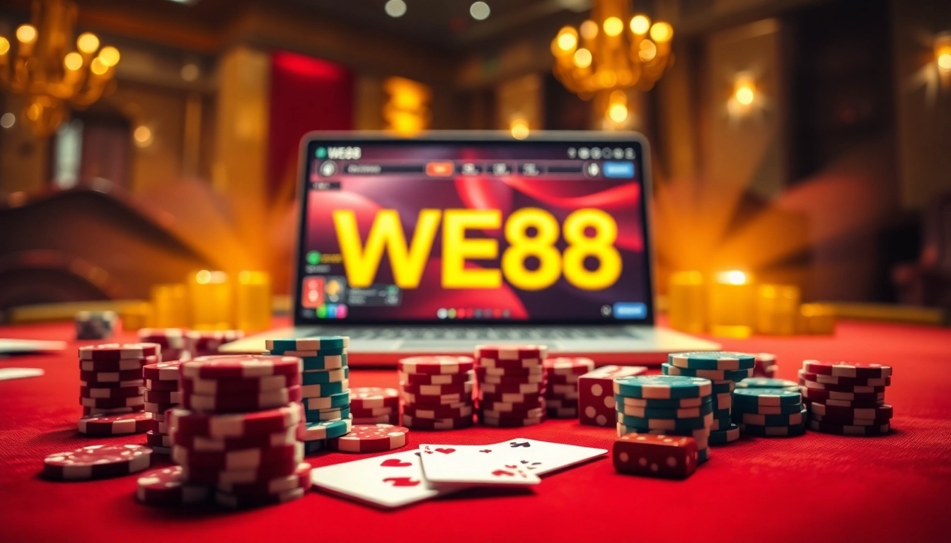 Players engaging in a thrilling WE88 online casino experience with high-stakes poker chips and cards.