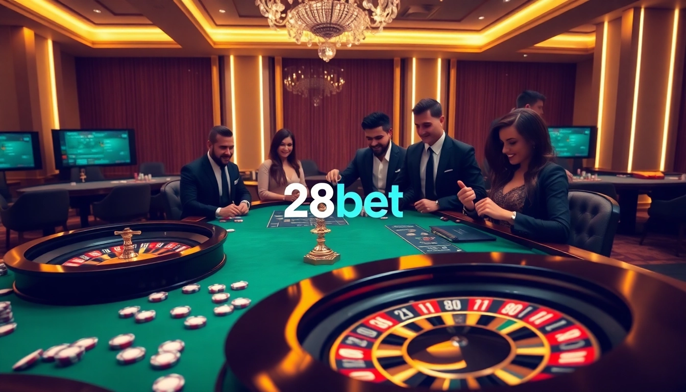 Feeling the thrill of 28bet at a luxurious casino table with poker chips and a roulette wheel.