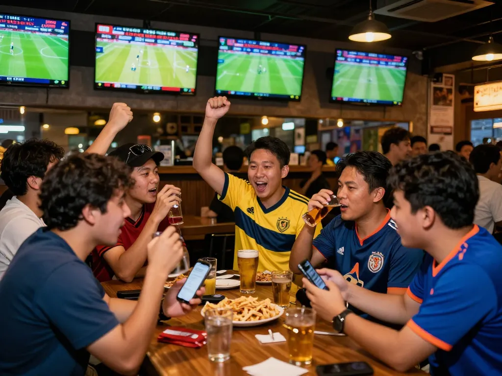 Fans celebrating kèo nhà cái hôm nay at a sports bar while watching live matches on multiple screens