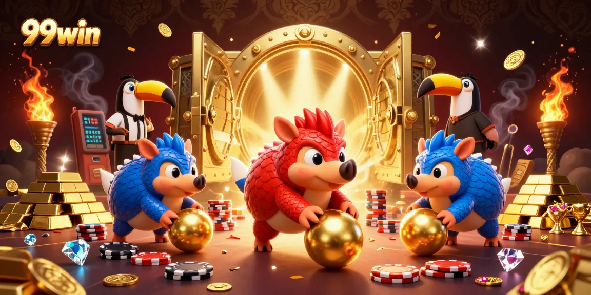 Engage in thrilling gameplay with 99win as pangolins bowl through poker chips amid golden treasures.