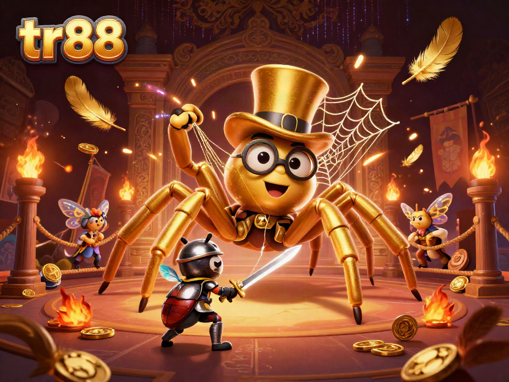 Experience thrilling casino adventures with tr88, featuring a golden spider and a beetle knight in action.