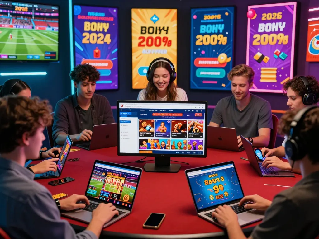 Engaging scene of diverse players enjoying the 33 win online betting experience on various devices in a colorful digital environment.