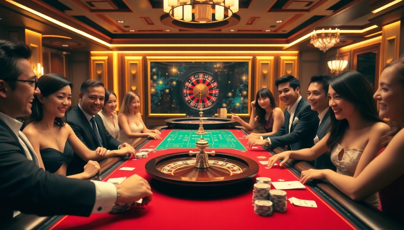 Experience rr88 đăng nhập with players engaging at a live dealer casino table, vibrant gaming atmosphere.