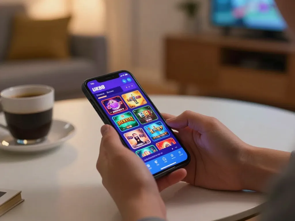 Engaging with the UK88 betting app on a smartphone in a cozy home setting