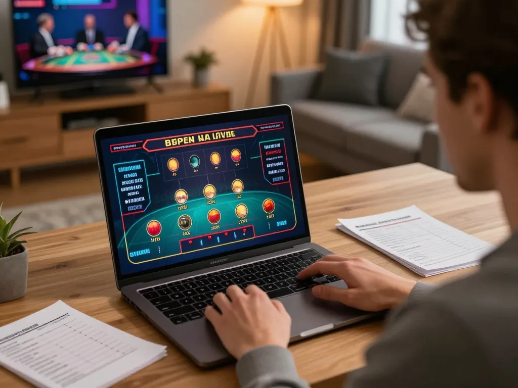 Engaging online gambling scene with com player managing bets on live dealer game from home workspace.