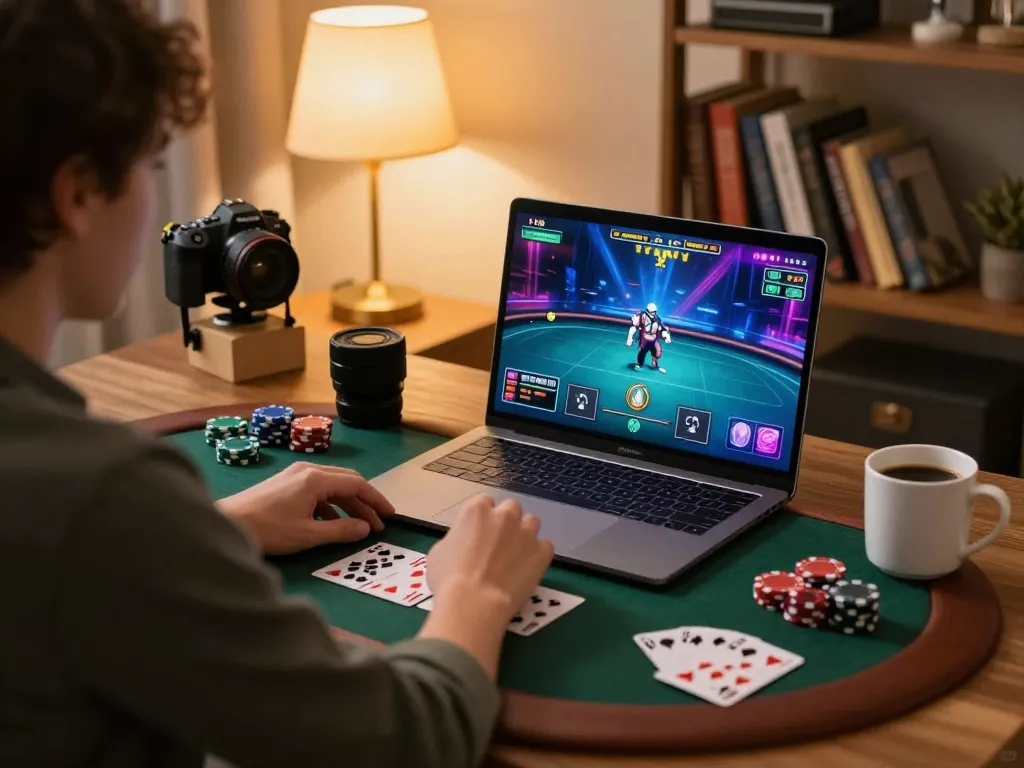 Engaging online poker gameplay on a laptop, showing LV88 poker interface with passionate player.