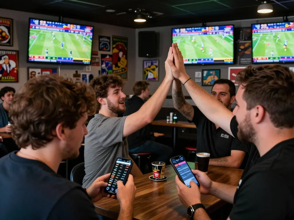 Bl555 sports betting scene with fans cheering for live games and smartphone betting.
