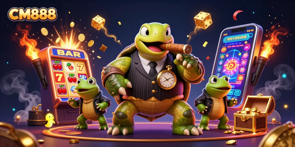 Engage with CM888 as a massive snapping turtle in a casino scene, surrounded by dazzling jackpot elements.