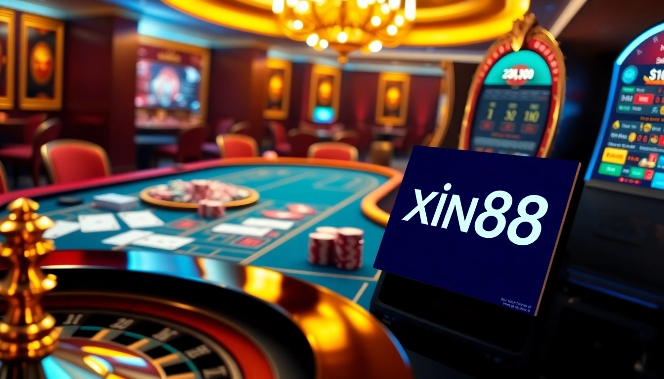 Engage with high-stakes gambling at https://xin88ac.it.com/ with a luxurious casino table featuring cards and vibrant slot machines.