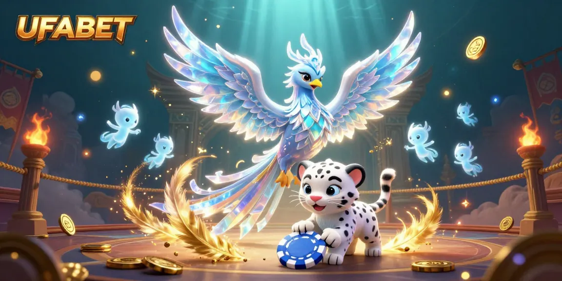 Win big with UFABET at a dynamic online casino scene featuring a phoenix and poker chip.