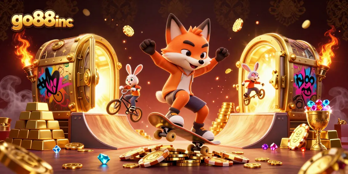 Experience thrilling wins with go88inc as a skateboarder fox performs tricks above golden poker chips.