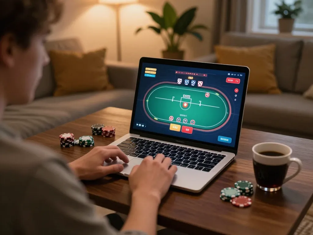 Players engaging in exciting online poker on MM88 platform in a cozy home setting