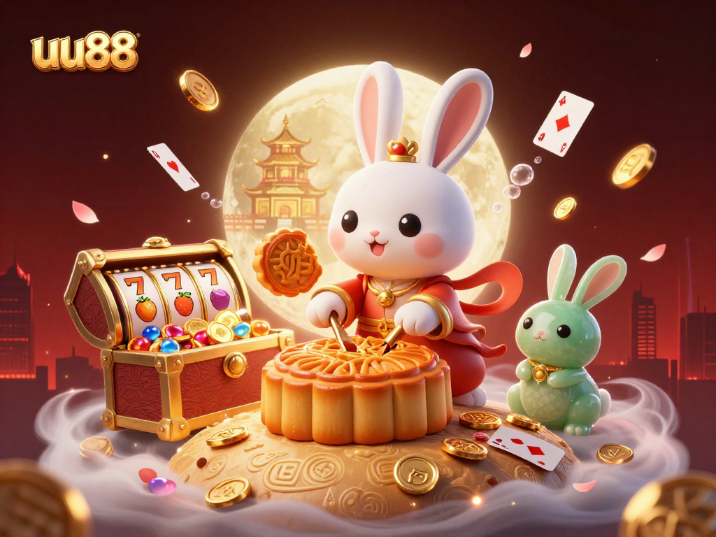 uu88 gamblers celebrate with a moon rabbit in a dynamic casino scene filled with vibrant slot reels