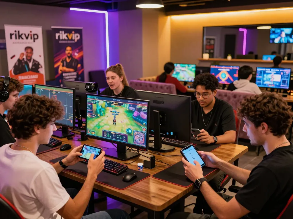 Players enjoying games at the rik vip gaming lounge with vibrant atmosphere and interactive screens.