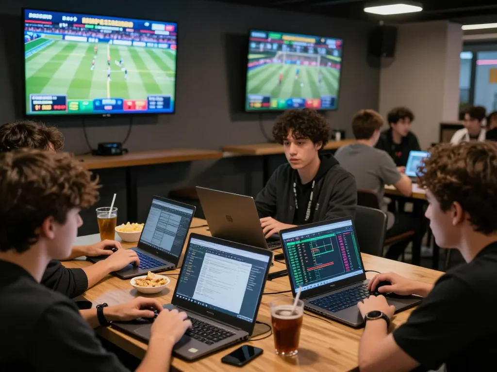 Exciting scene of young adults engaging in keonhacai online sports betting in a vibrant lounge.