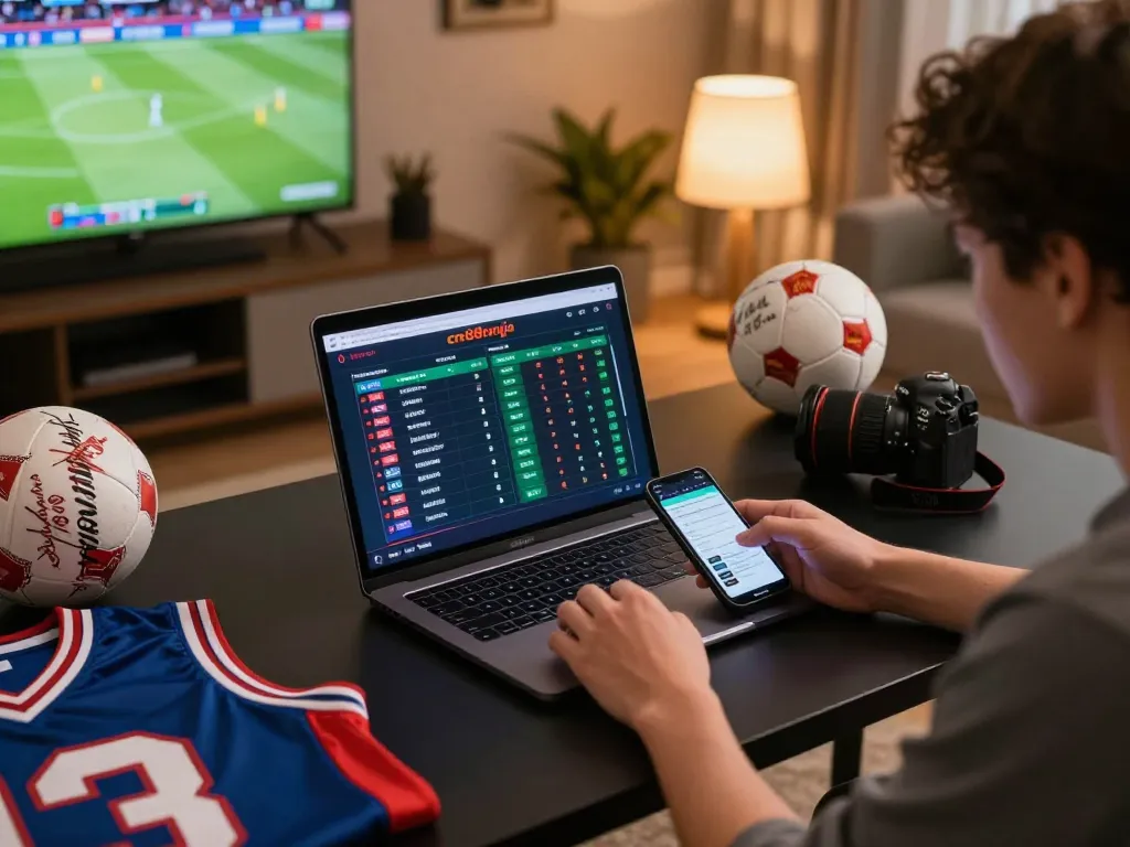 Person engaging in live sports betting on cm88ninja's platform with laptop and smartphone