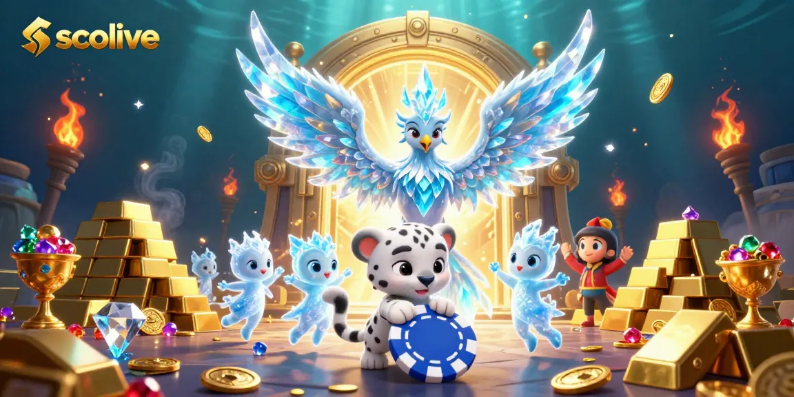 Socolive offers dynamic online gambling experiences with an ice phoenix and lively characters surrounded by treasures.
